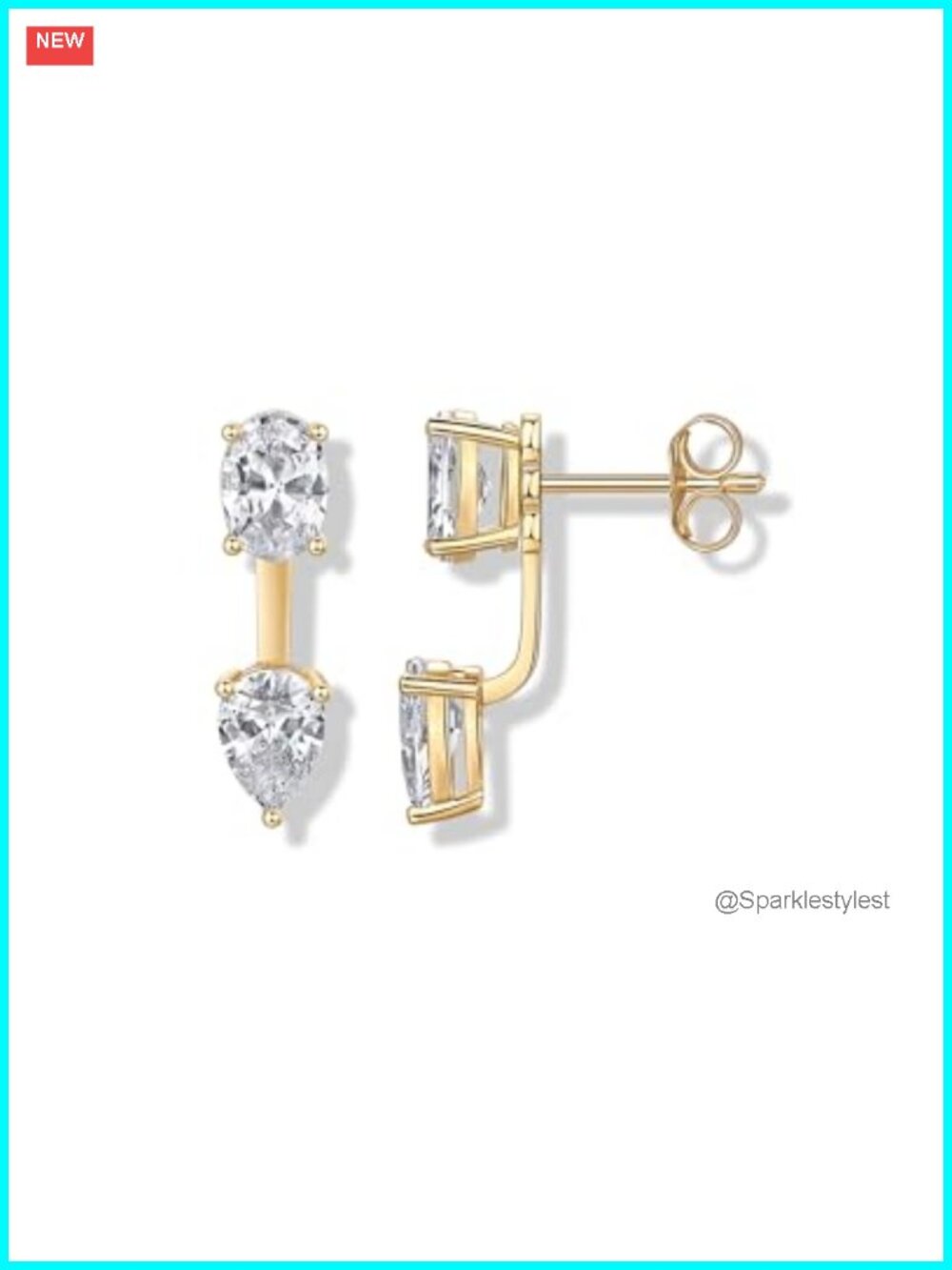 14K Gold Plated CZ Front Back Stud Earrings, Adjustable